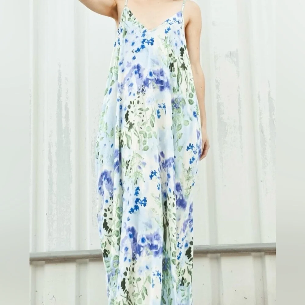 NWT Love Stitch Watercolor Floral Blue and Green Sleeveless Maxi Dress Size S/M - Picture 1 of 8